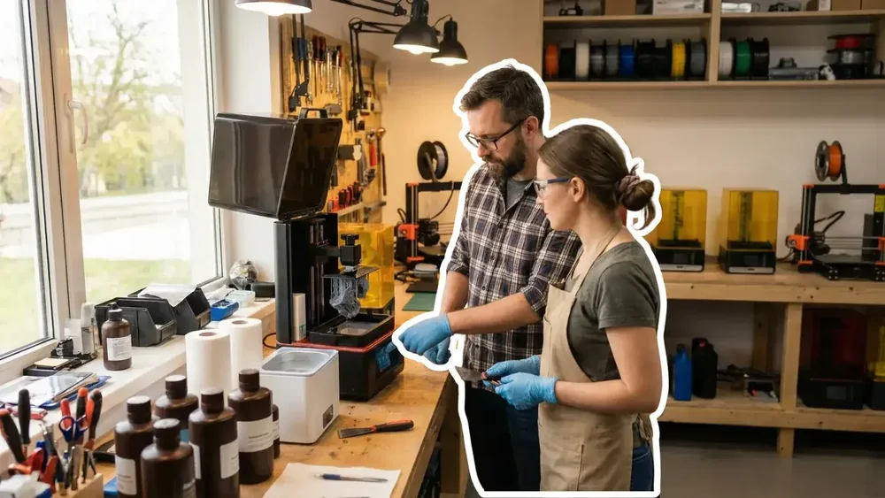 Deux personnes avec des gants bleus utilisant une imprimante 3D résine en atelier