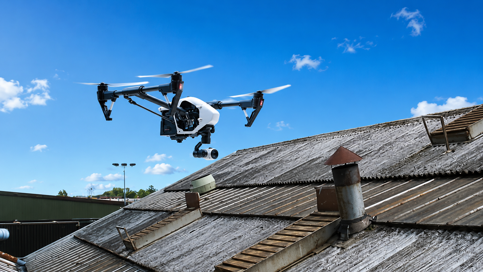 Drone professionnel inspectant une toiture avant une intervention de nettoyage