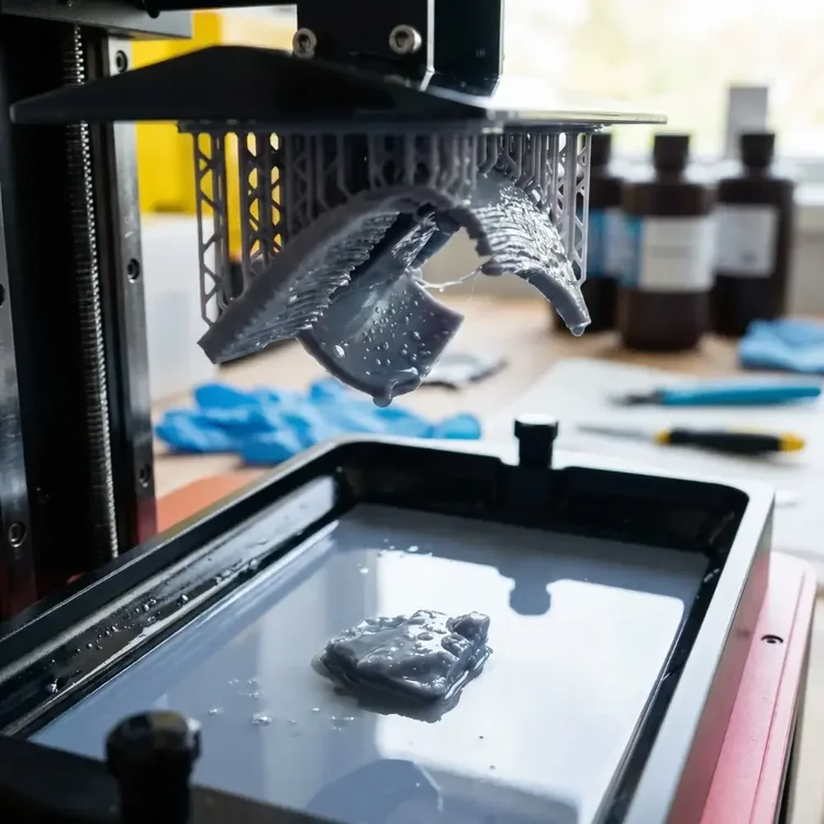 Imprimante 3D résine et pièces imprimées dans un atelier