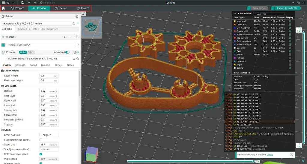 Interface d'un slicer d'impression 3D affichant une figurine découpée en couches