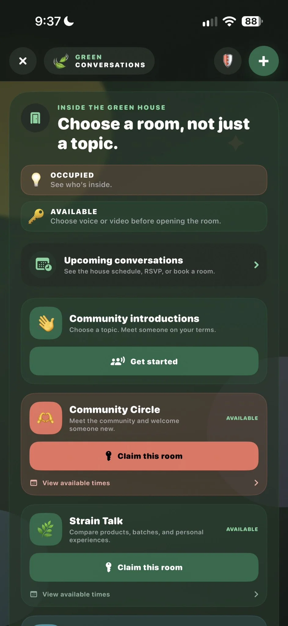Green Conversations room directory inside a phone