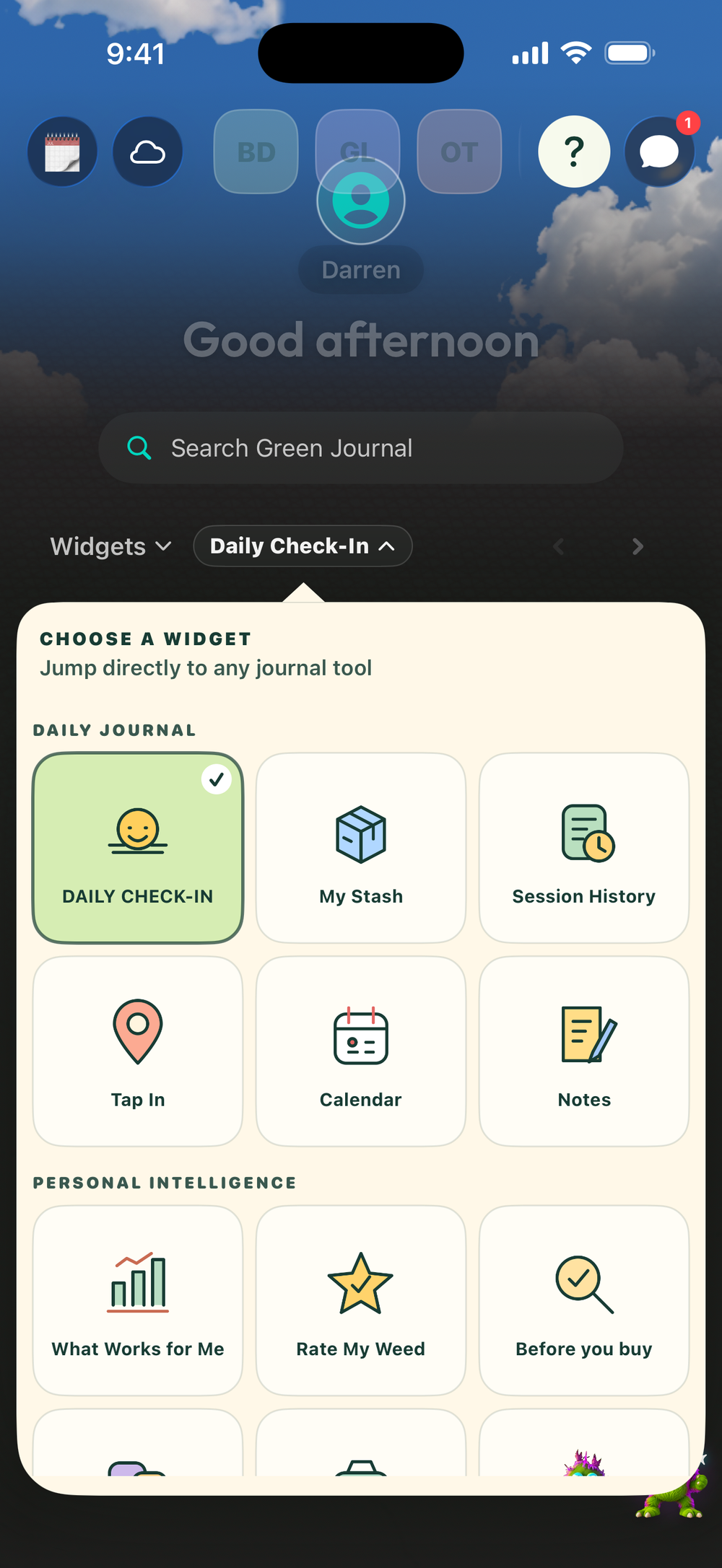 Green Journal in-app home widget menu displayed inside a phone