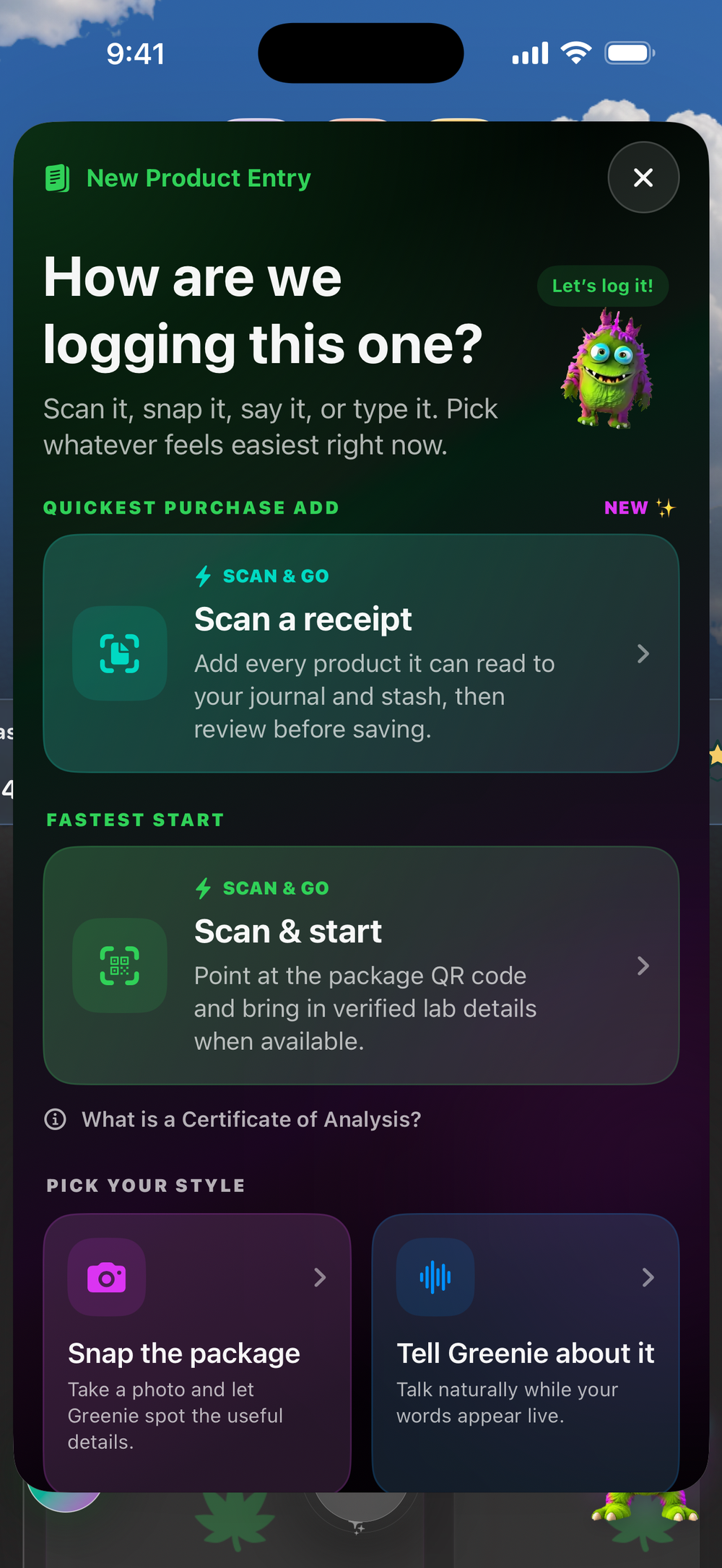 Green Journal receipt, QR, photo and voice capture options in a phone