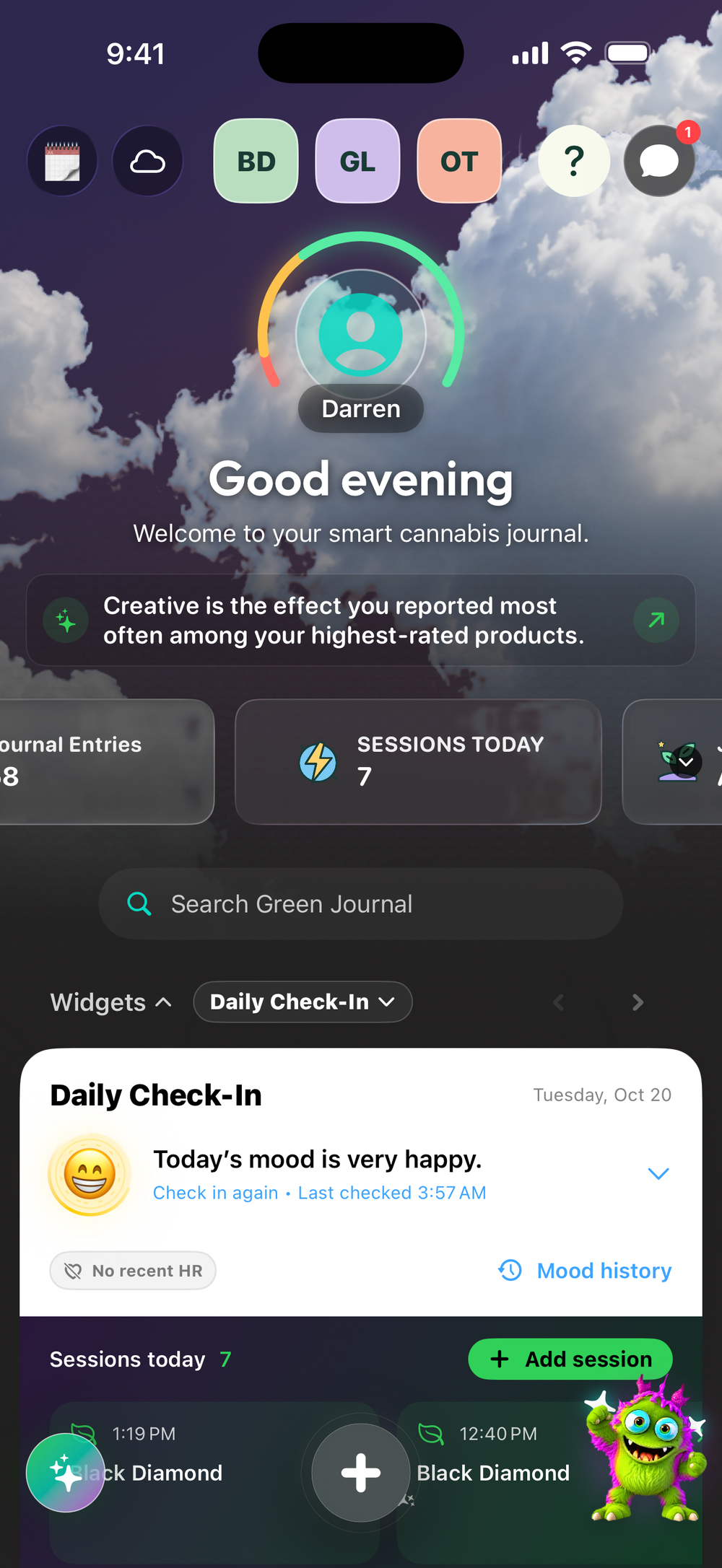 Green Journal daily check-in and session history shown inside the central phone