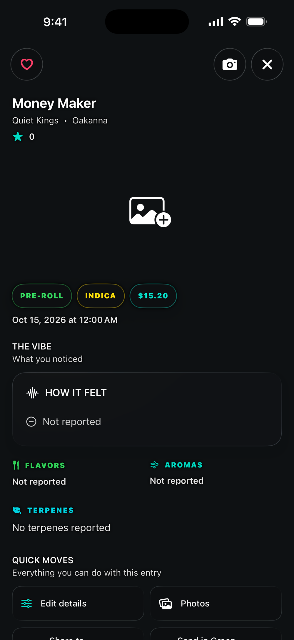 Green Journal product details and quick actions inside a phone