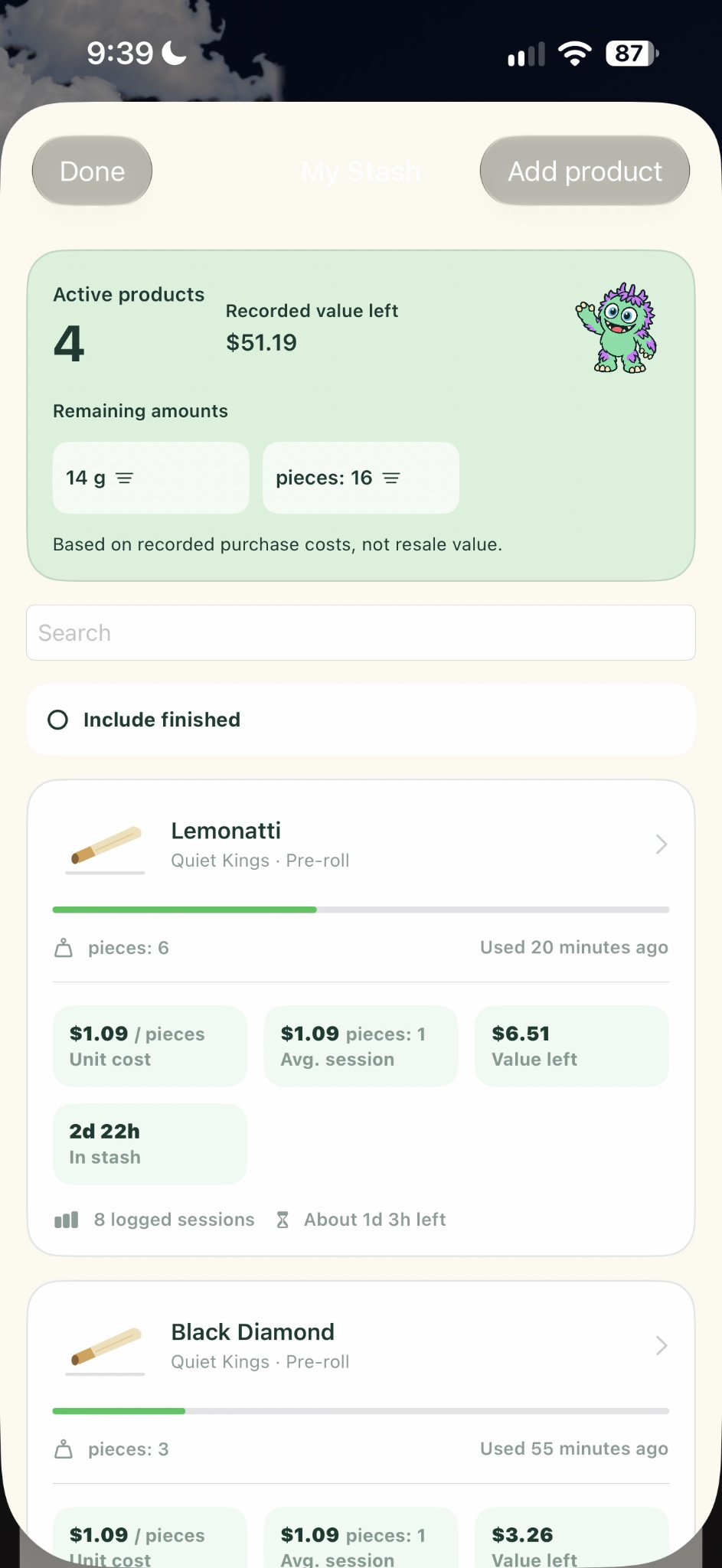 Green Journal My Stash active products and remaining amounts inside a phone