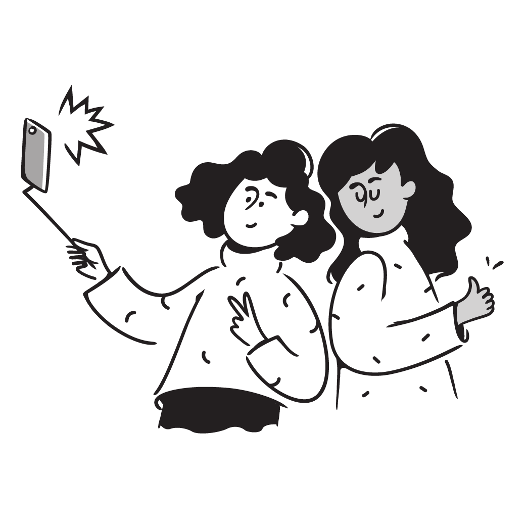 Illustration showing two AuDHD teengage friends taking a selfie with a selfie-stick in a Calgary community