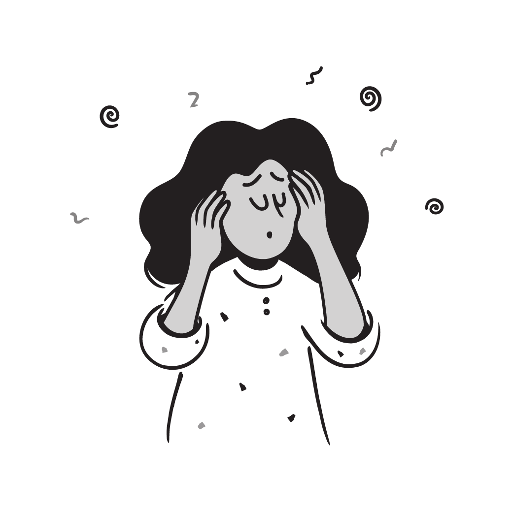 Illustration of a person holding their head with eyes closed, surrounded by spirals, representing sensory overload and shutdown