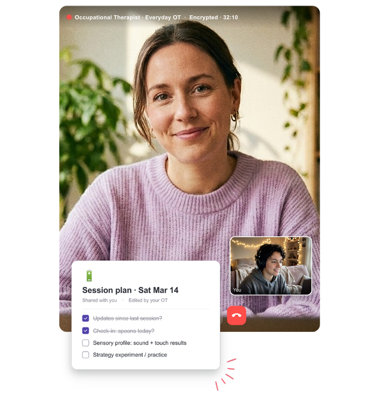 A telehealth OT session at Everyday OT, with the session plan and chat alongside the video call
