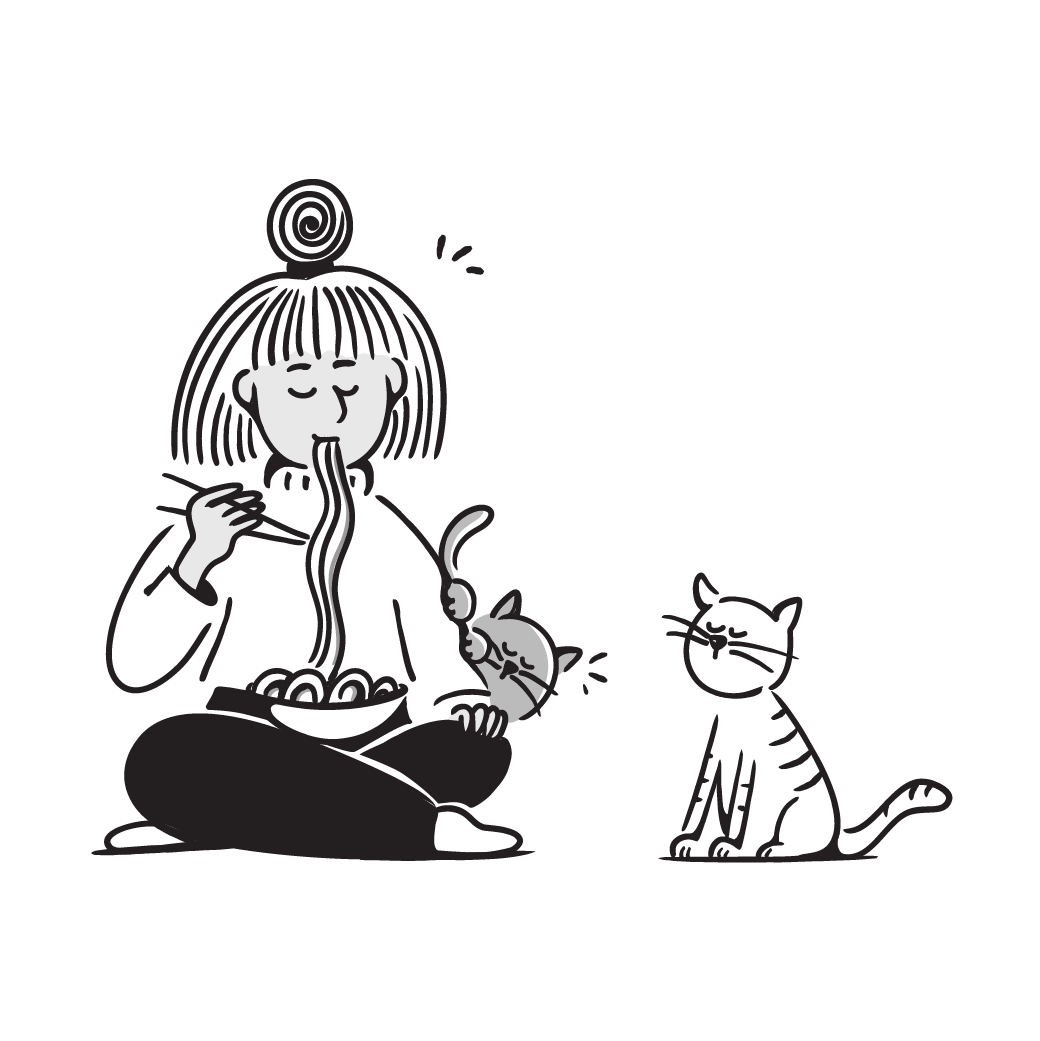 eating noodles with cat