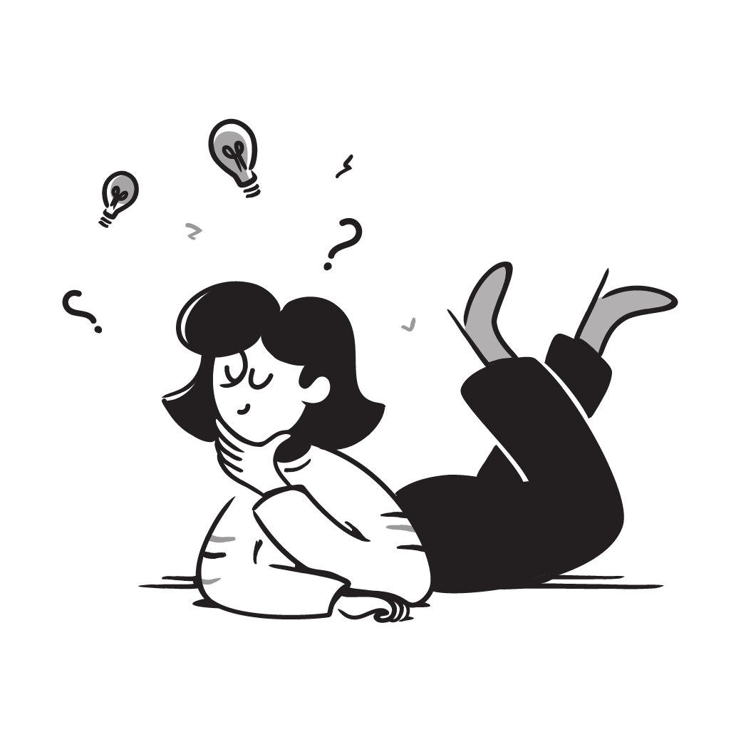 Illustration of a person lying on the floor surrounded by lightbulbs and question marks, representing curiosity and uncertainty during autism discovery