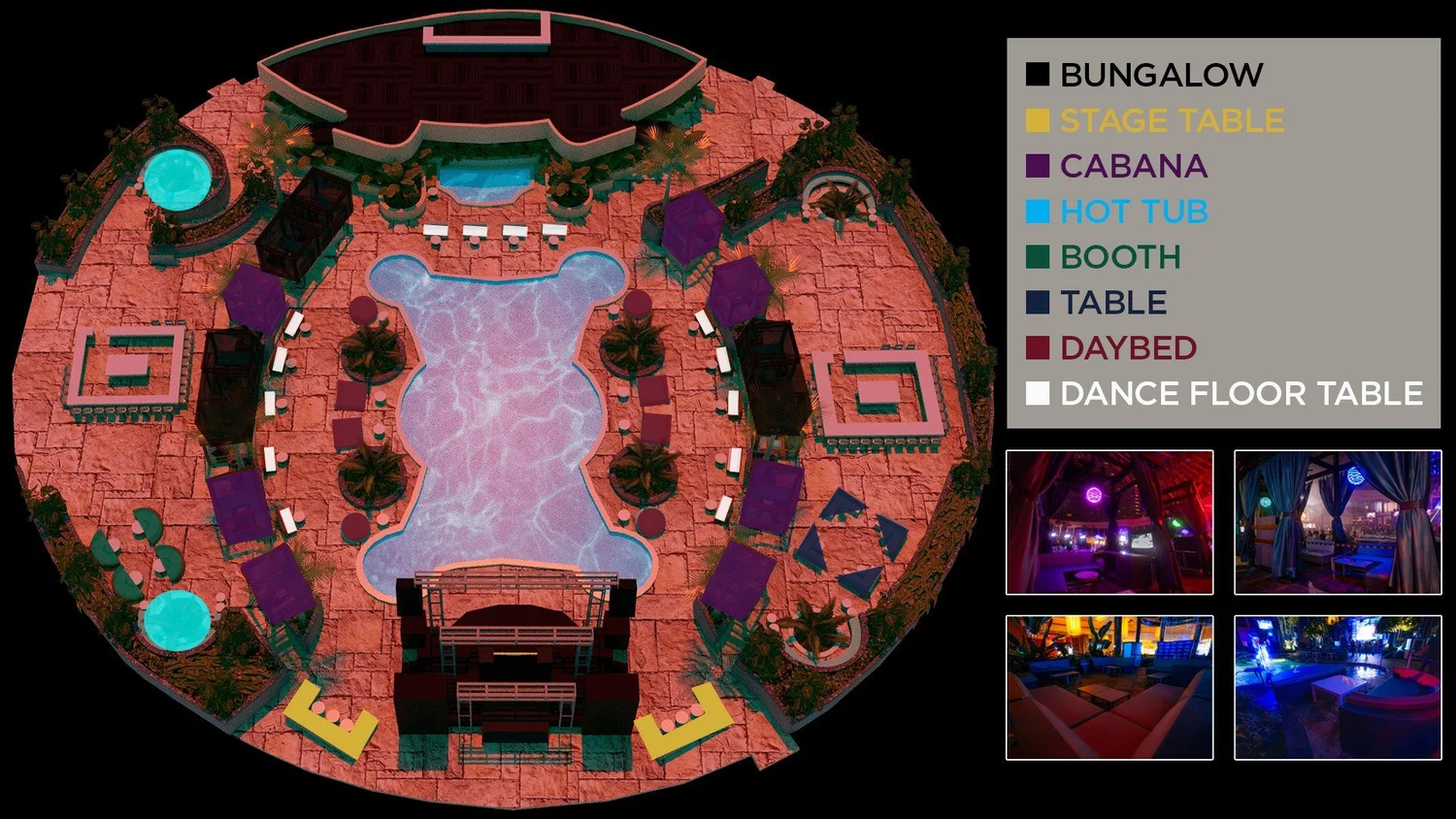 VIP section map of The Pool After Dark at Harrah's Resort Atlantic City showing bungalows, stage tables, cabanas, hot tubs, booths, tables, daybeds and dance floor tables