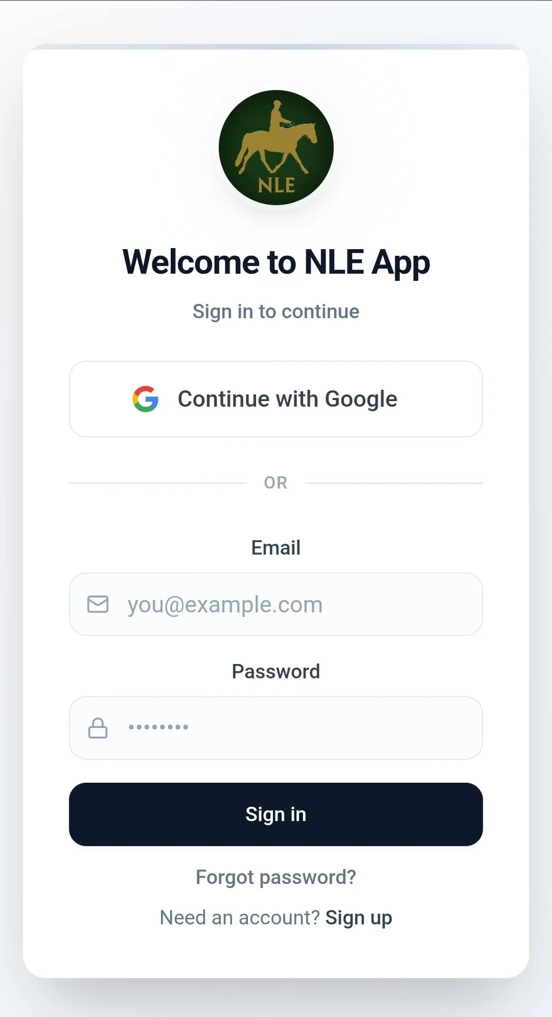 NLE App sign-in screen showing Sign up at the bottom