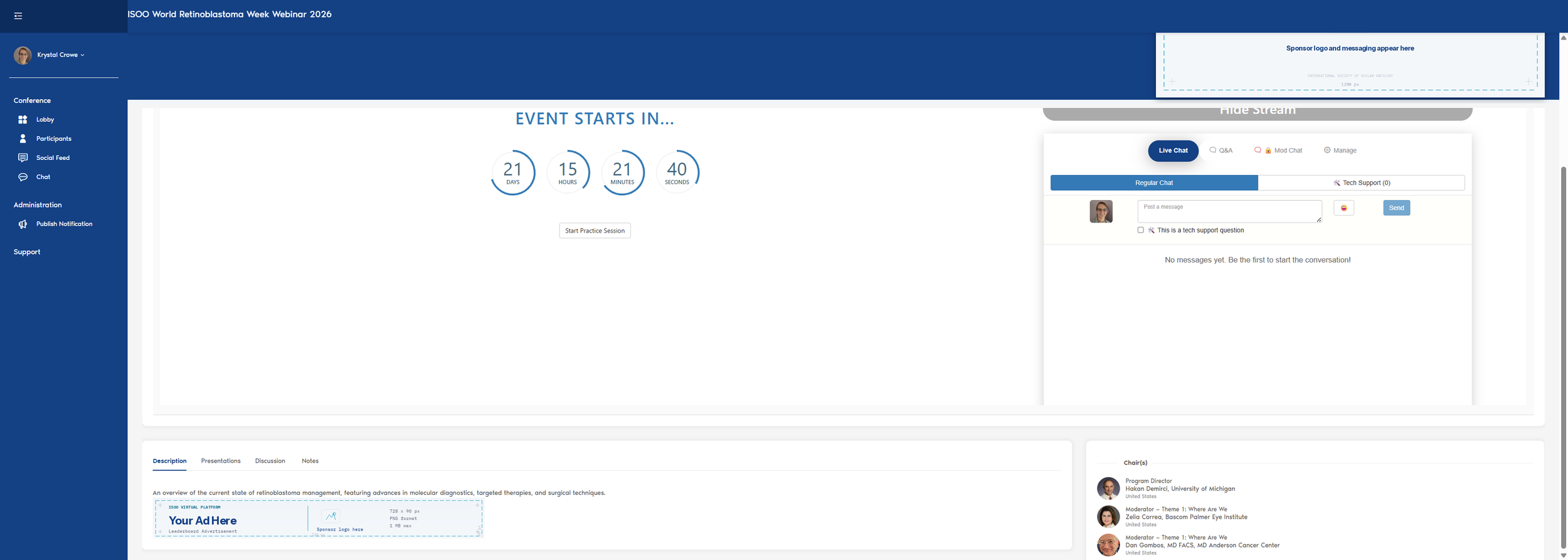 Screenshot showing the session ad displayed below the live video area on the virtual platform, with the session description and chairs listed underneath.