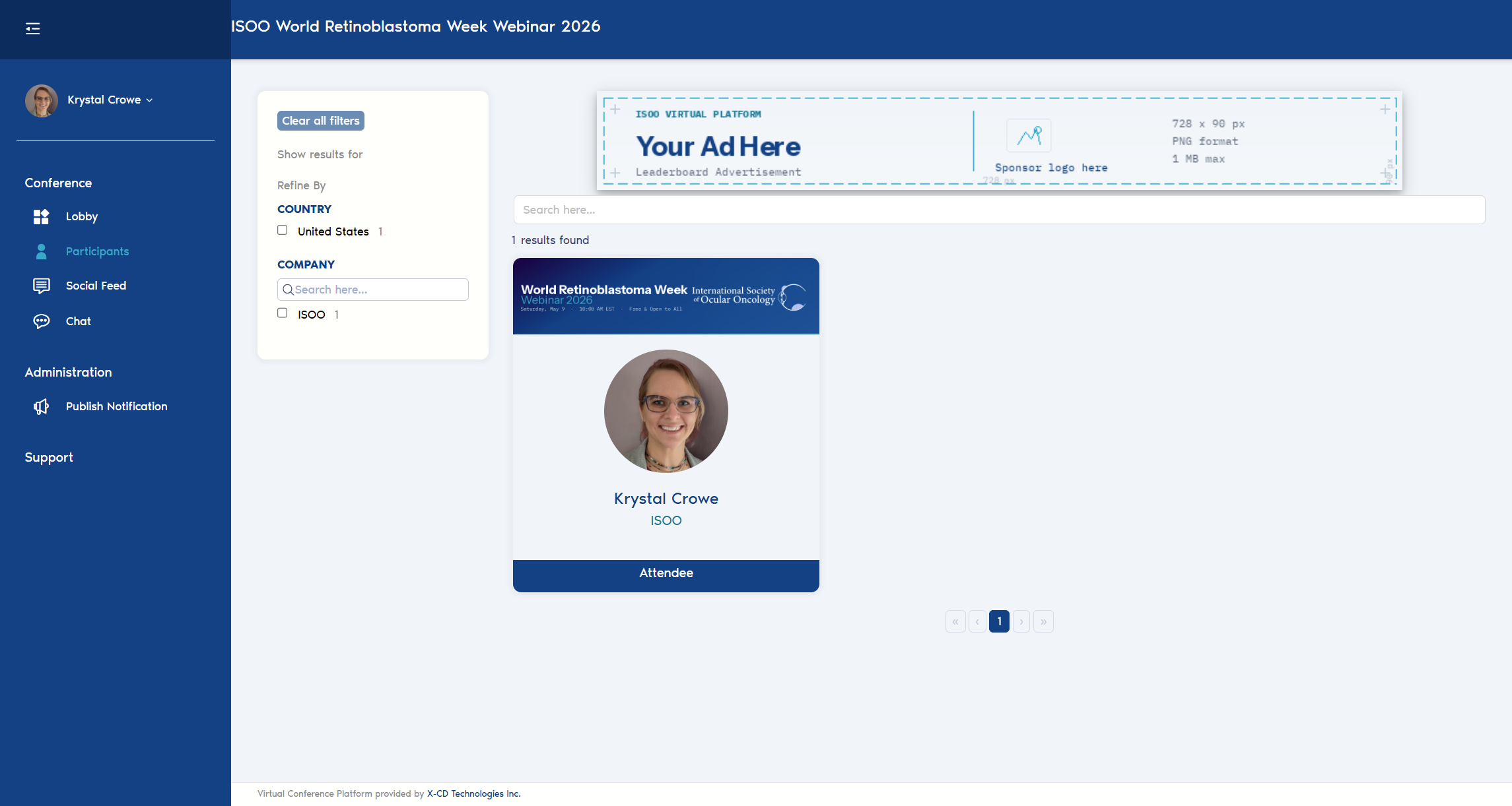 Screenshot of the ISOO webinar platform participants page showing a horizontal leaderboard banner ad displayed at the top of the page above the list of attendees.