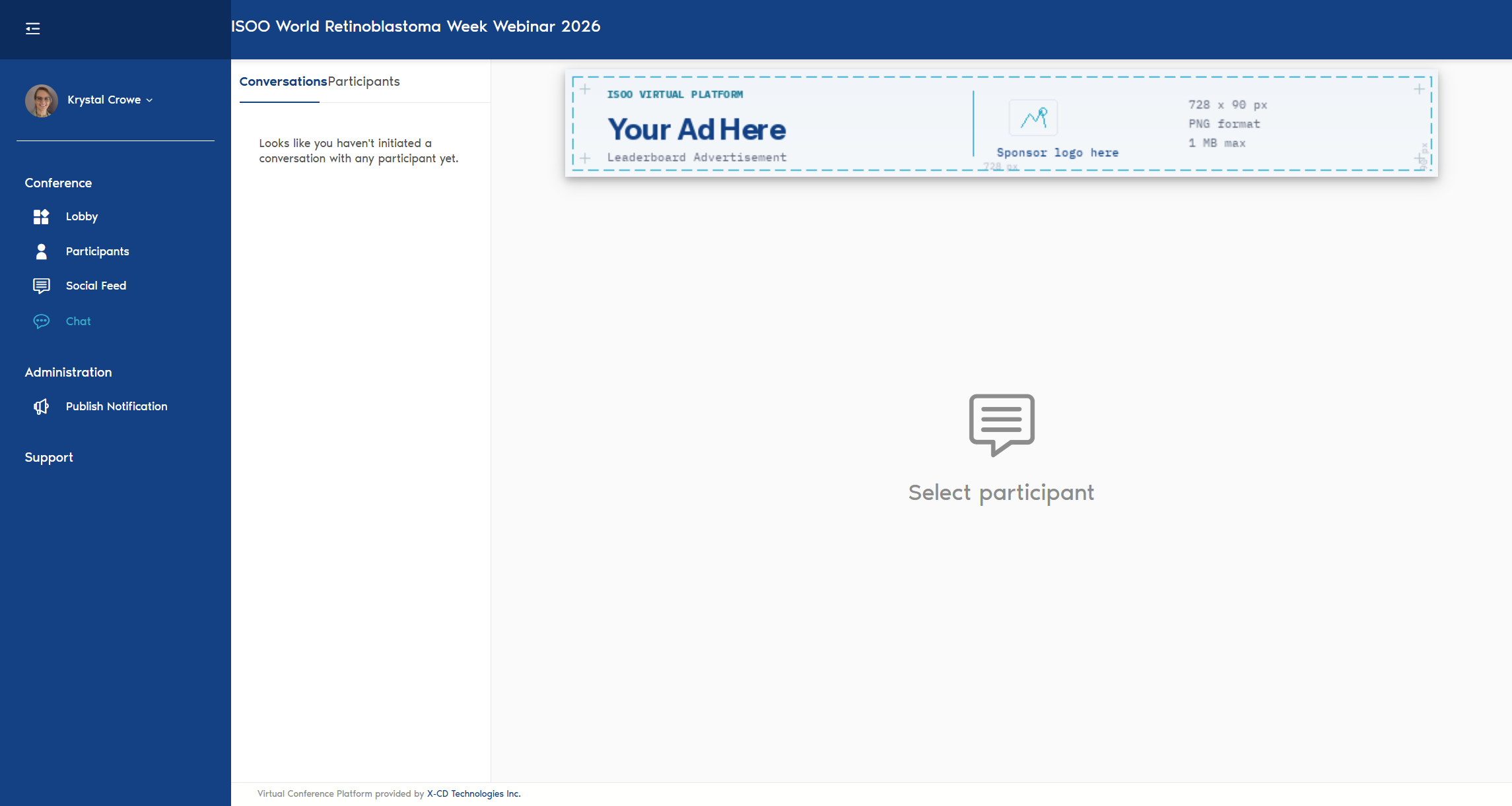 Screenshot of the ISOO webinar platform chat page showing a horizontal leaderboard banner ad displayed at the top of the page above the chat messages.