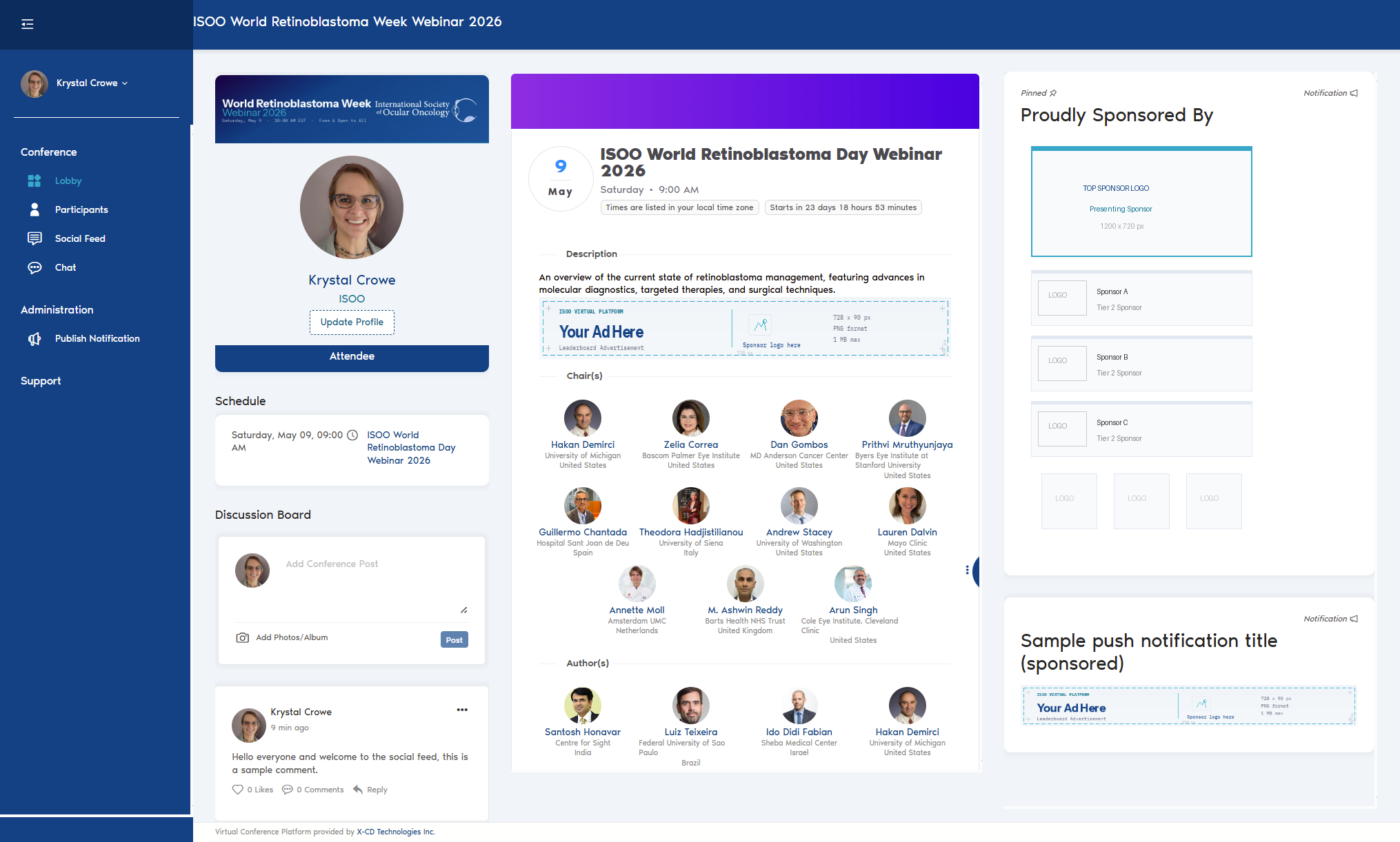 Screenshot of the ISOO webinar platform lobby showing a presenting sponsor ad at the top of the right sidebar, three tier 2 sponsor cards in the middle, and three supporter logos at the bottom. A session ad and push notification are also visible.