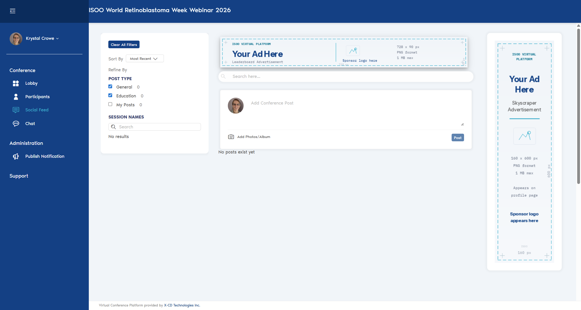 Screenshot of the social feed page showing a horizontal leaderboard ad at top and a vertical skyscraper ad on the right side.