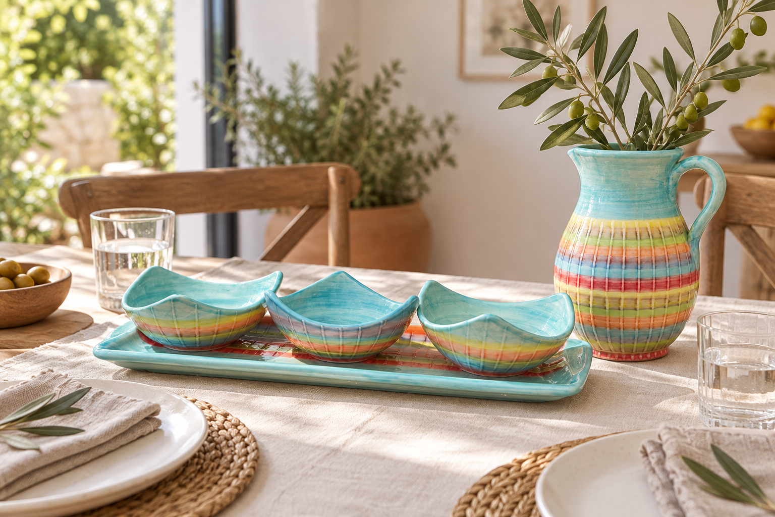 A relaxed table setting with colourful Spanish pottery and neutral linen.