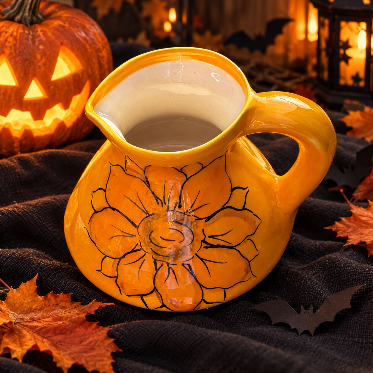 Orange floral jug styled beside a glowing Halloween pumpkin