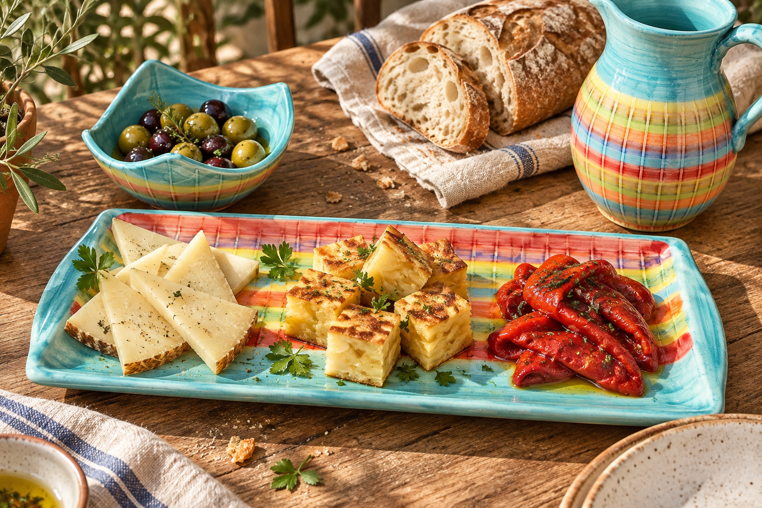 An easy tapas spread with cheese, tortilla, roasted peppers and olives.