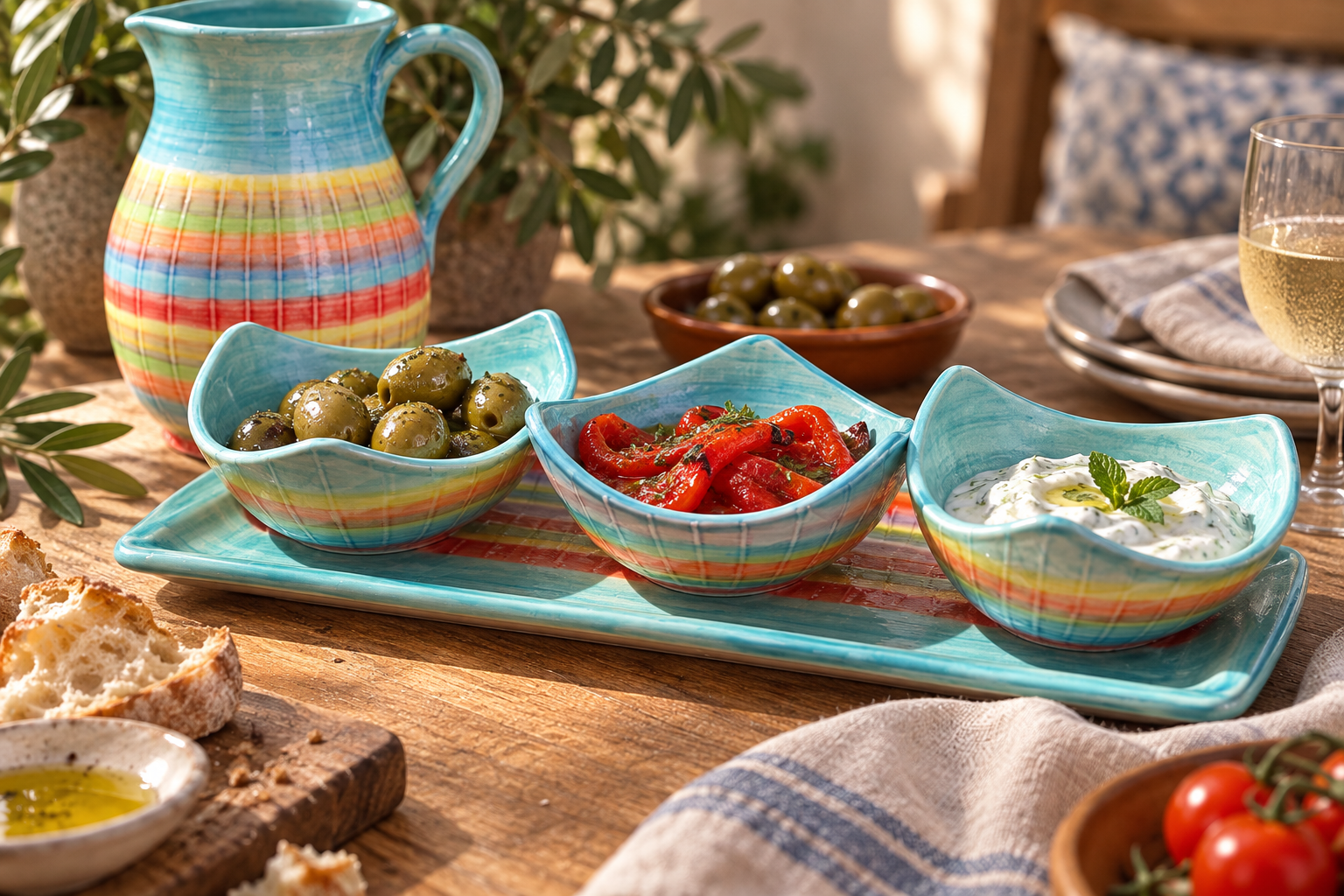 Turquoise Spanish pottery bowls filled with olives, roasted peppers and a yoghurt dip.