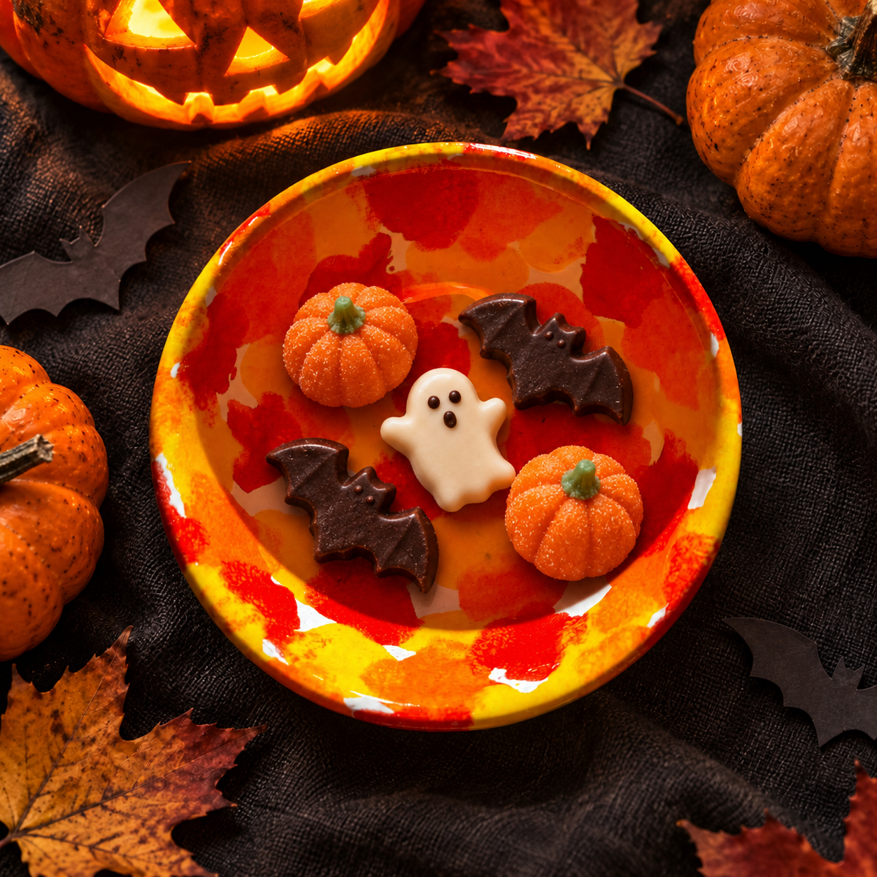 Mini tapas bowl with pumpkin, chocolate bat and ghost Halloween sweets