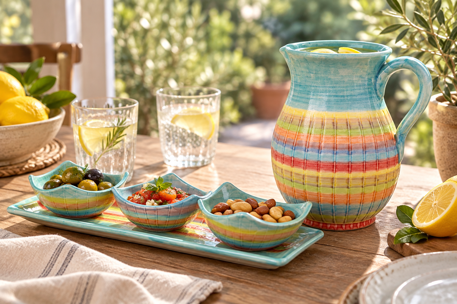 A rainbow-striped Spanish pottery jug beside glasses of refreshing citrus water.