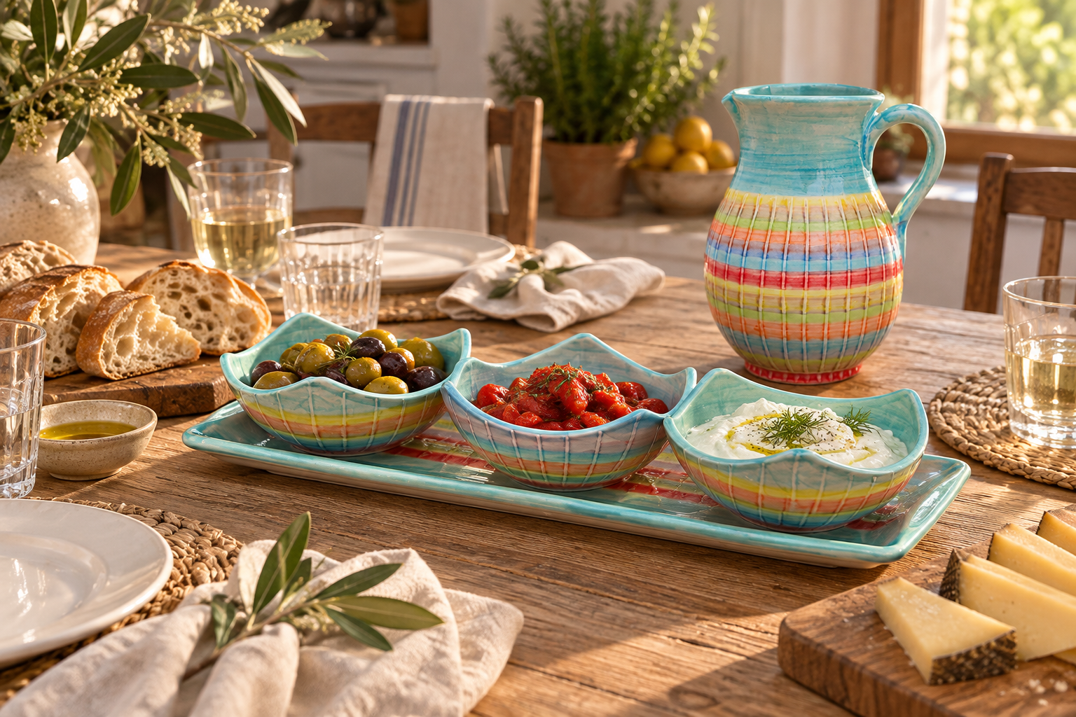 A welcoming tapas table featuring turquoise and rainbow Spanish pottery.