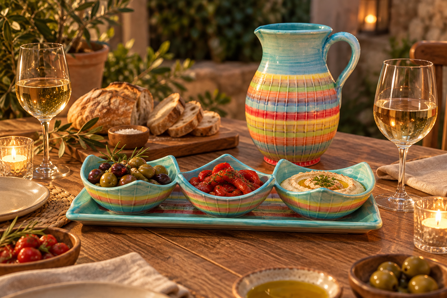 A cosy candlelit tapas evening with colourful Spanish pottery.