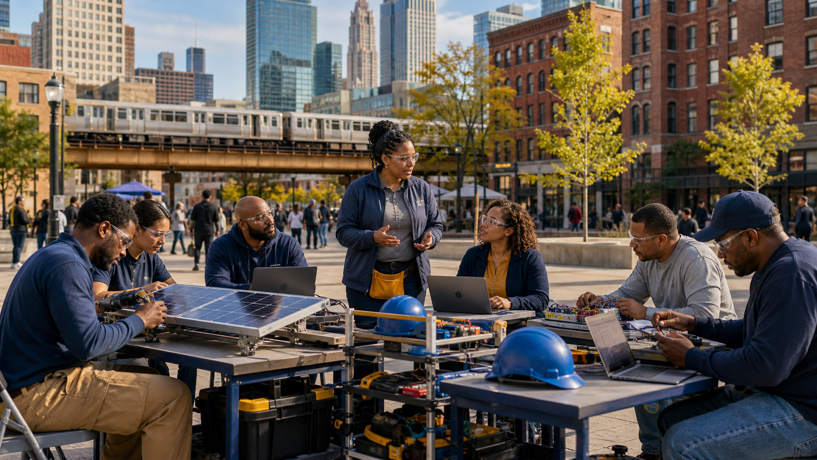 College interns and trainees reviewing solar and clean-energy workforce materials