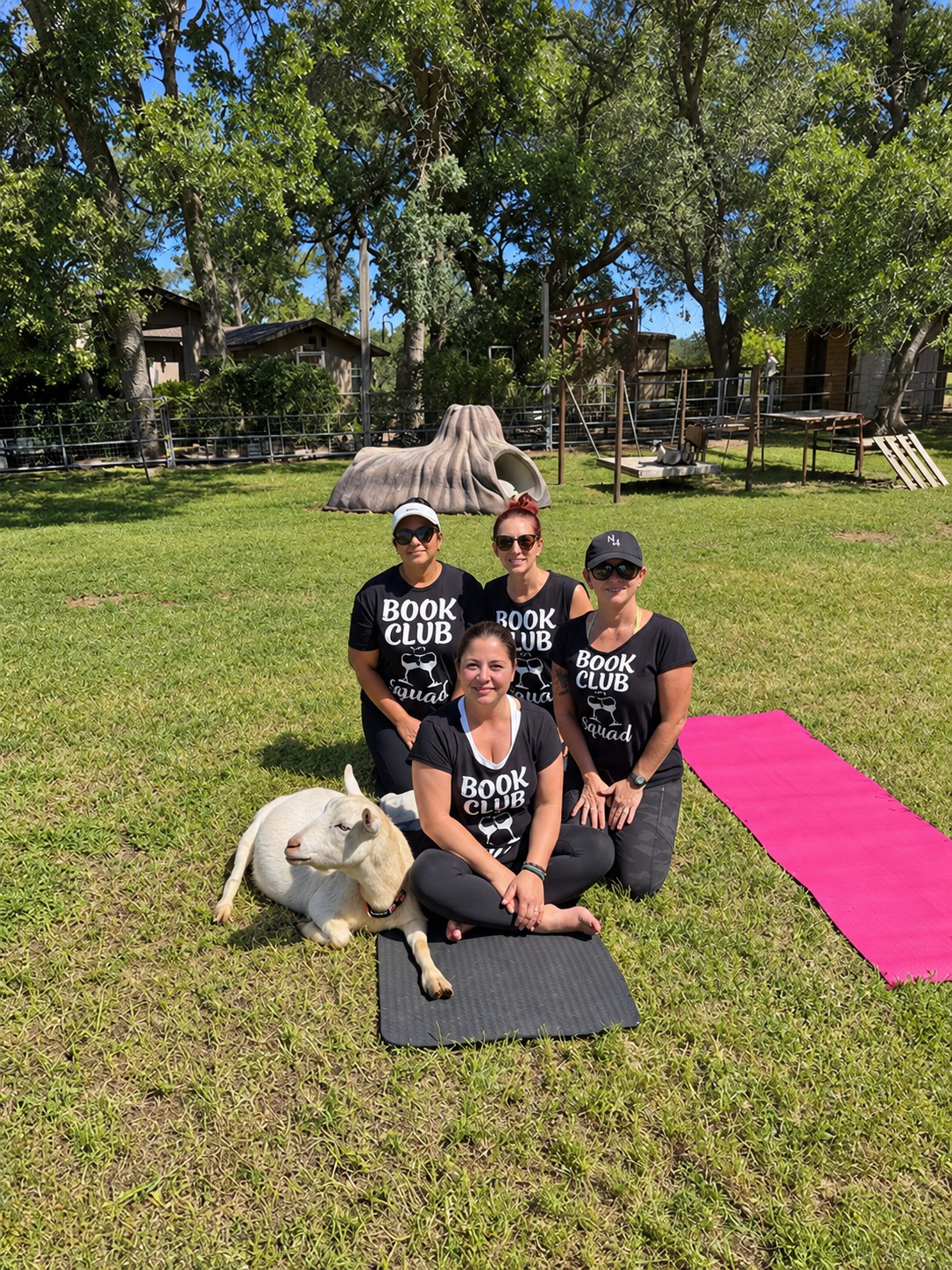 Group participating in a Goat Yoga session at Hollow Oak Acres