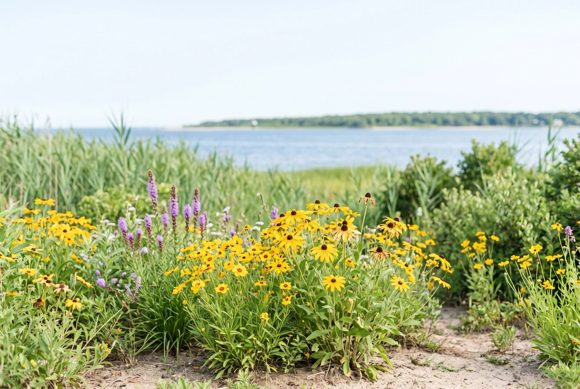 Yellow wildflowers and tall grass on a coastal path above a calm blue bay in summer