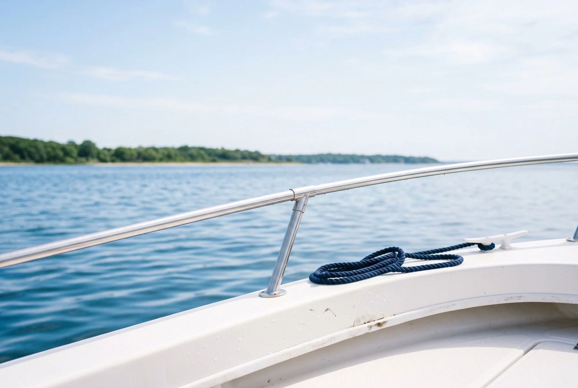 Navy rope coiled on the bow of a white boat on open blue water in summer