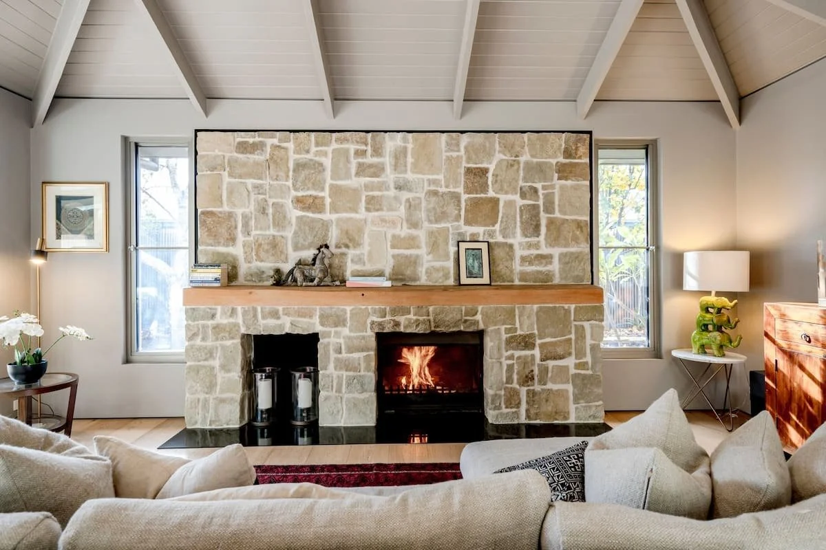 Light-filled living room with fireplace