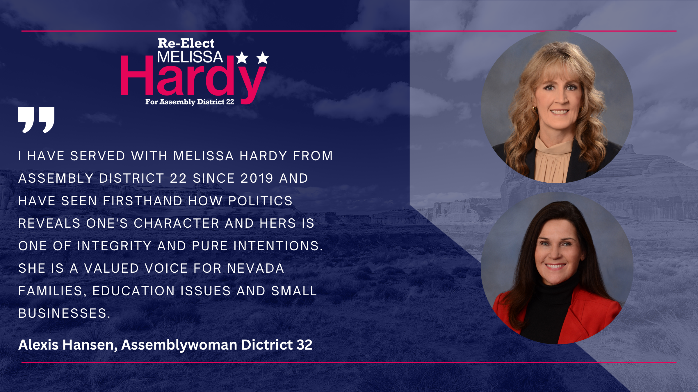 Alexis Hansen, Assemblywoman for District 32, endorsement of Melissa Hardy. She calls Melissa a valued voice for Nevada families, education, and small businesses.