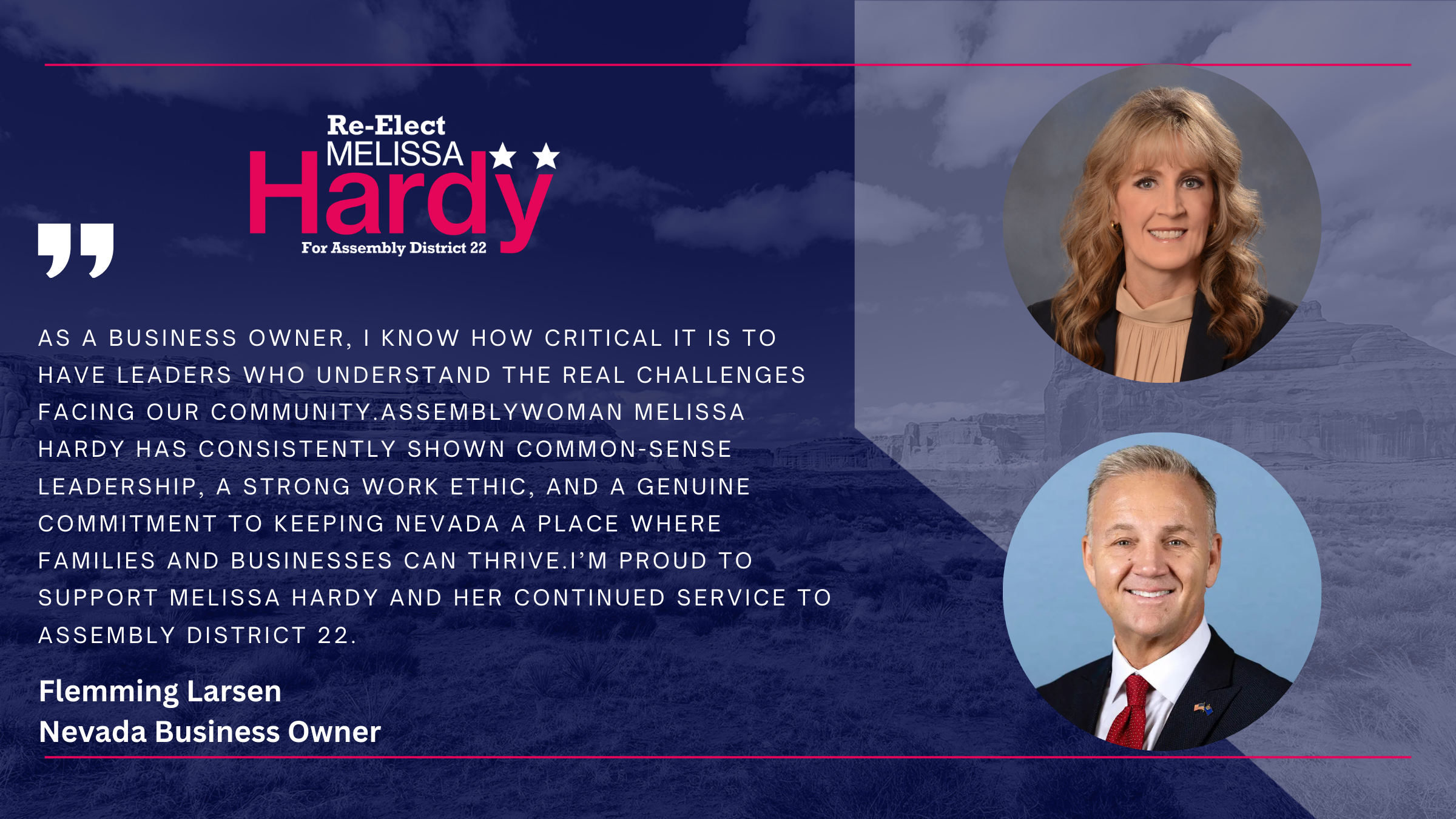 Flemming Larsen, Nevada business owner, endorsement of Melissa Hardy. He praises her common sense leadership and strong work ethic.