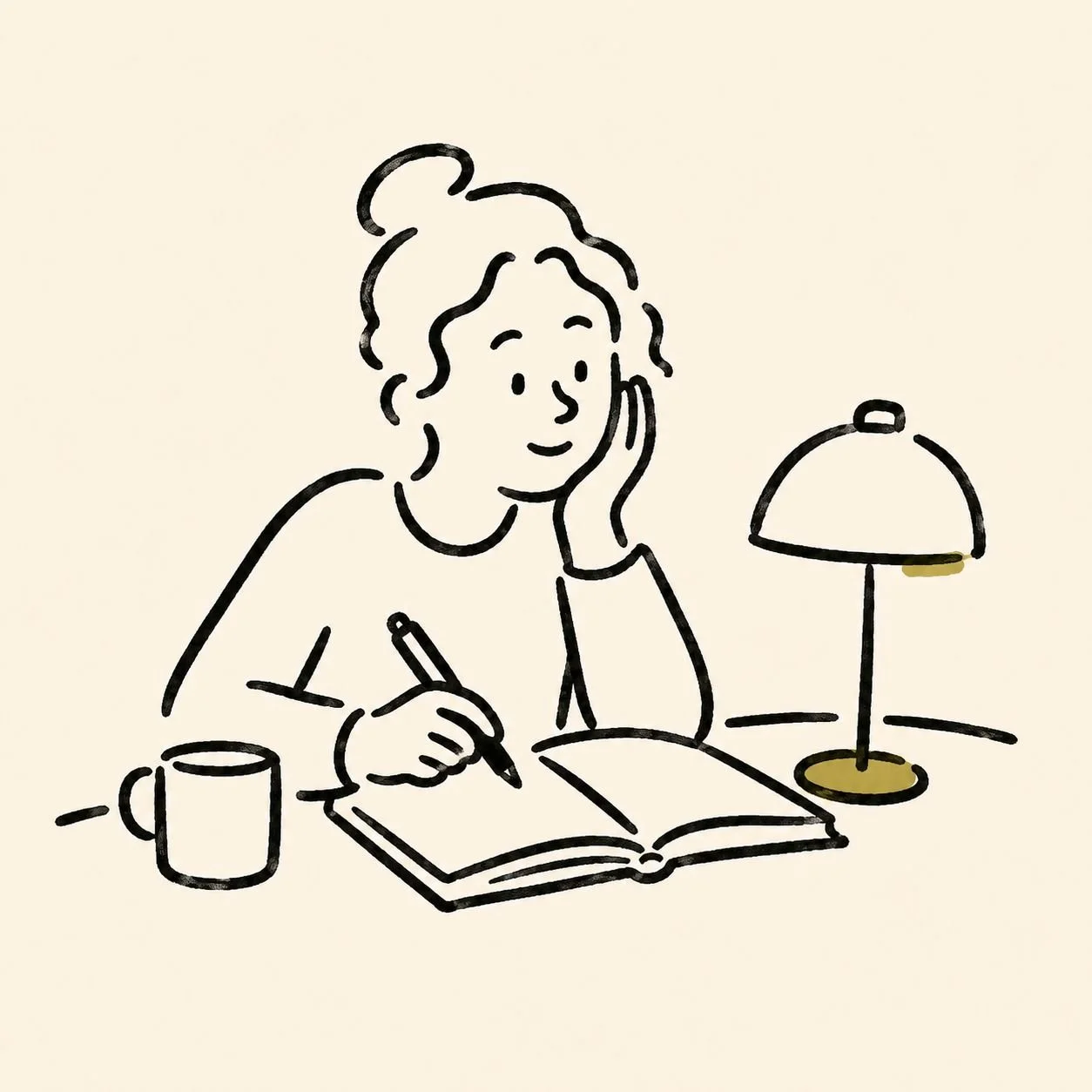 Hand-drawn illustration: a person journaling by lamplight with a cup of coffee nearby