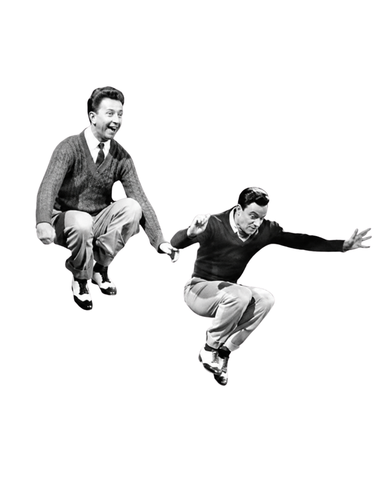 Two vintage figures mid-leap, a playful nod to taking the leap
