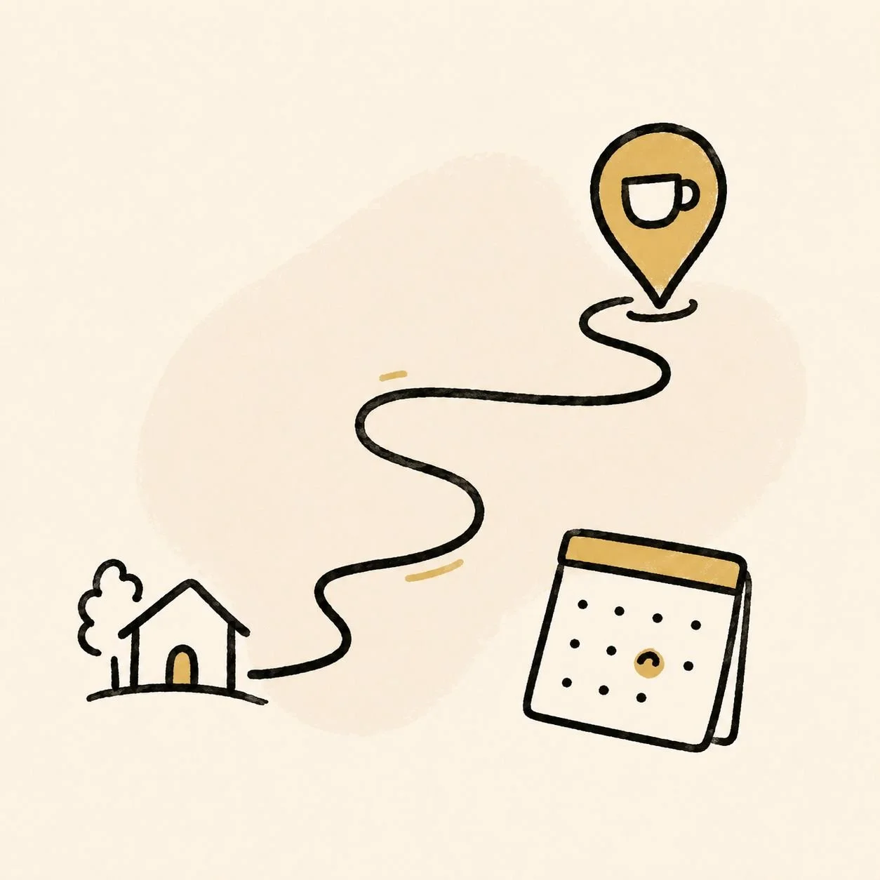 Hand-drawn illustration: a winding path from home to a hand-picked café, with a date circled on the calendar