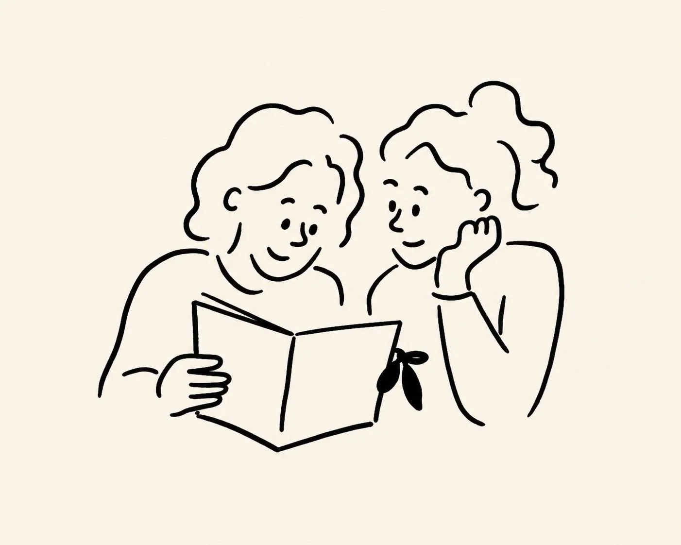 Hand-drawn illustration: two people looking through a card together, smiling