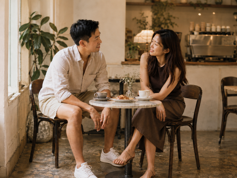 A couple talking over coffee at a sunlit cafe table on a Kopi Date