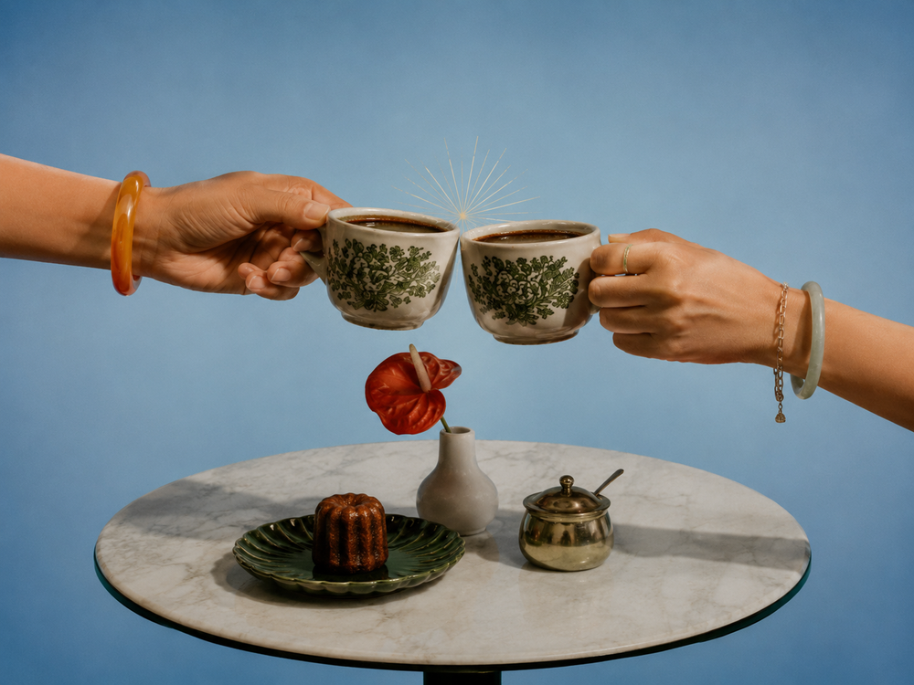 Two Kopi Date cups clinking over a cafe table, the spark of a first curated date