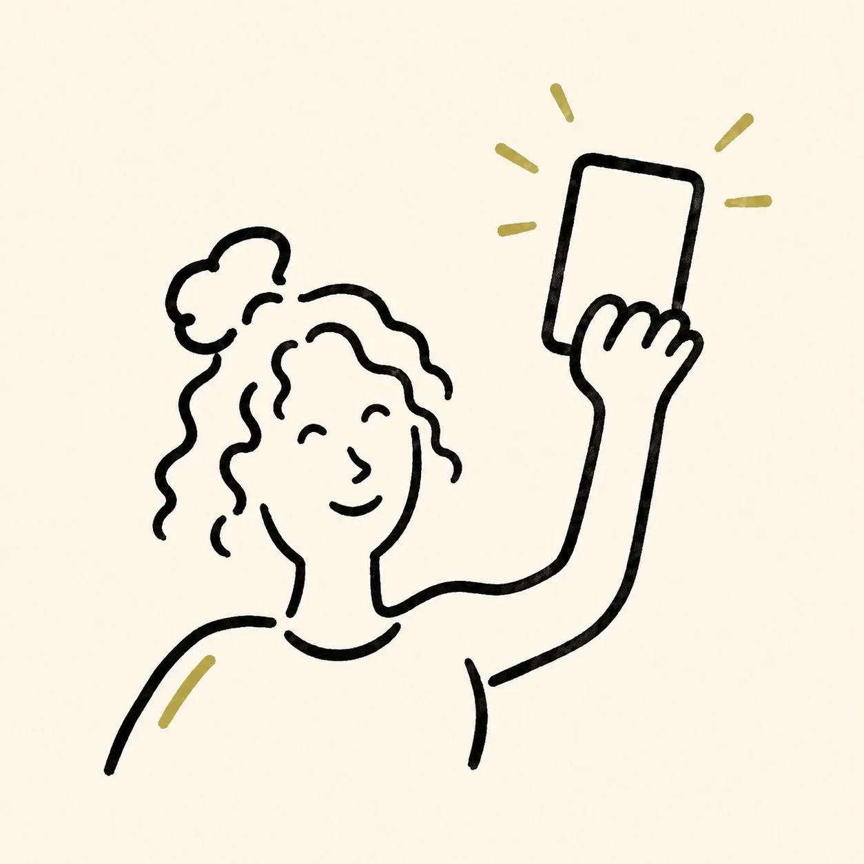 Hand-drawn illustration: a person excitedly holding up a phone with light radiating around it