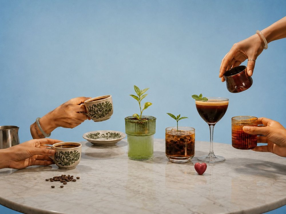 Cups, sprouting plants and a heart on a marble table, growth that builds date after date