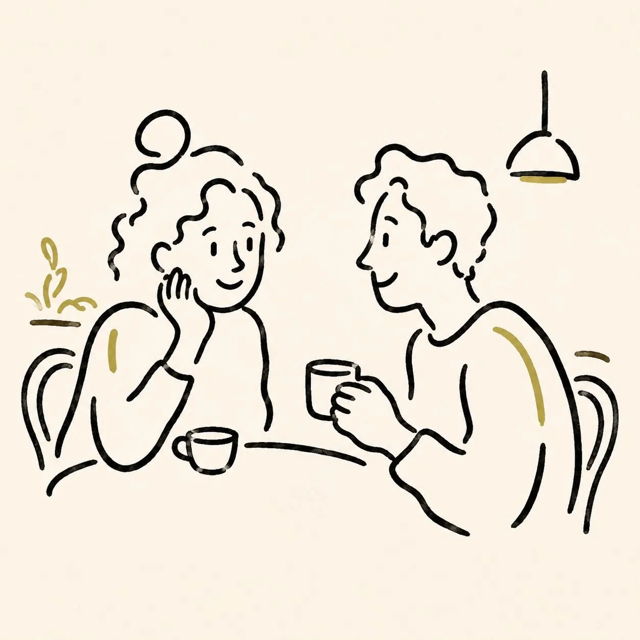 Hand-drawn illustration: two people chatting over coffee at a café table