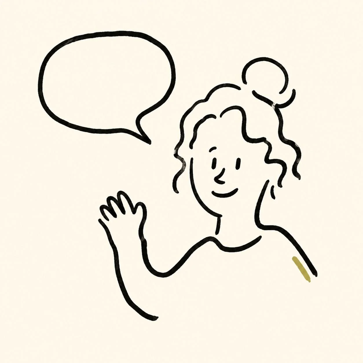 Hand-drawn illustration: a person waving hello beside an open speech bubble