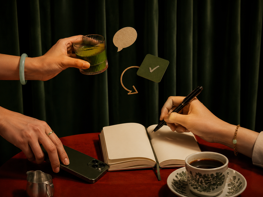 Matcha, a journal and pen with a checkmark and a loop, reflecting and adjusting after a Kopi Date