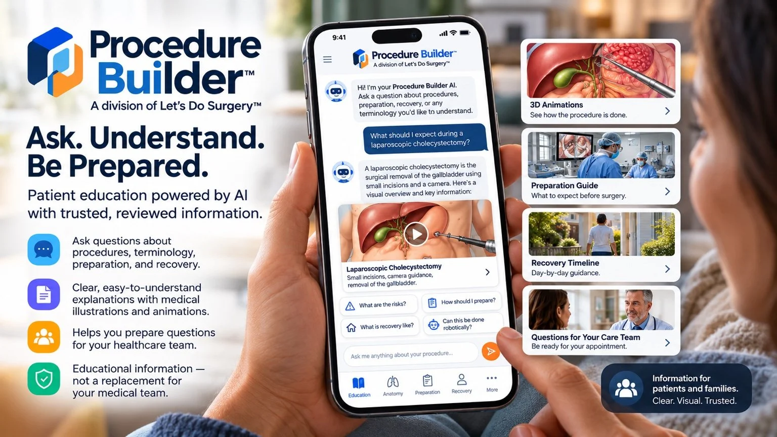 Illustrative Patient Education AI experience showing a patient using a smartphone to learn about a procedure