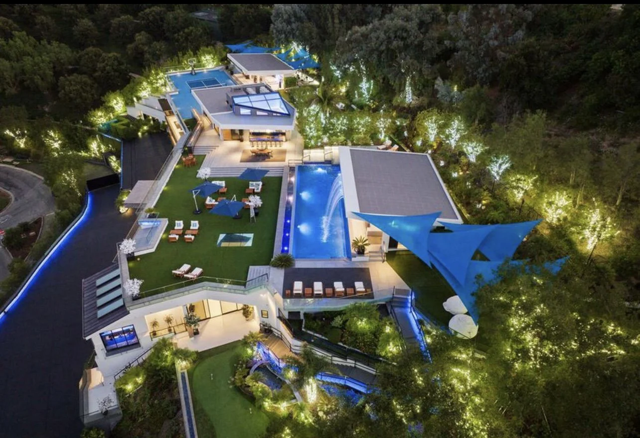 Aerial view luxury estate outdoor lighting Los Angeles